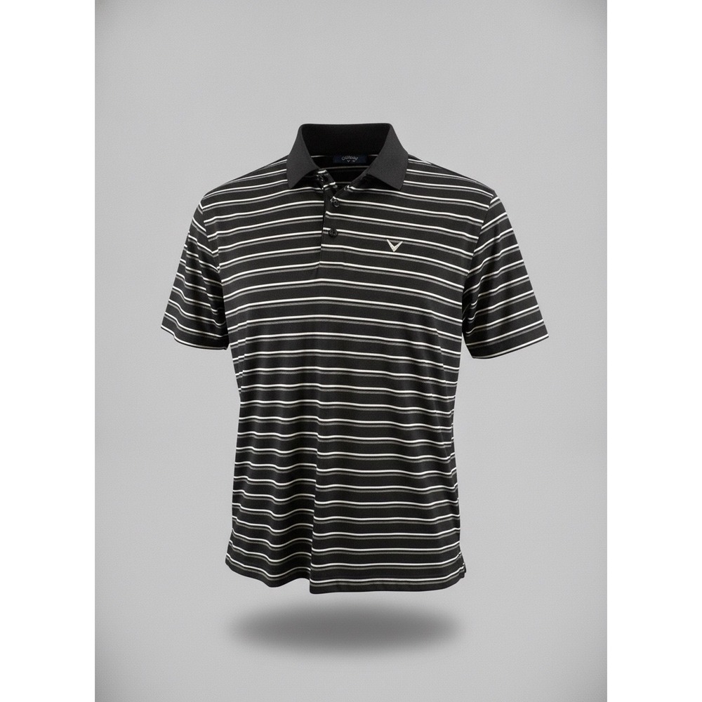 Callaway Mens Striped Golf Polo Shirt Black Grey White Short Sleeve Logo Medium